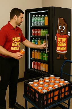 Stop Being Hangry team member restocking a smart micro mart refrigerator.